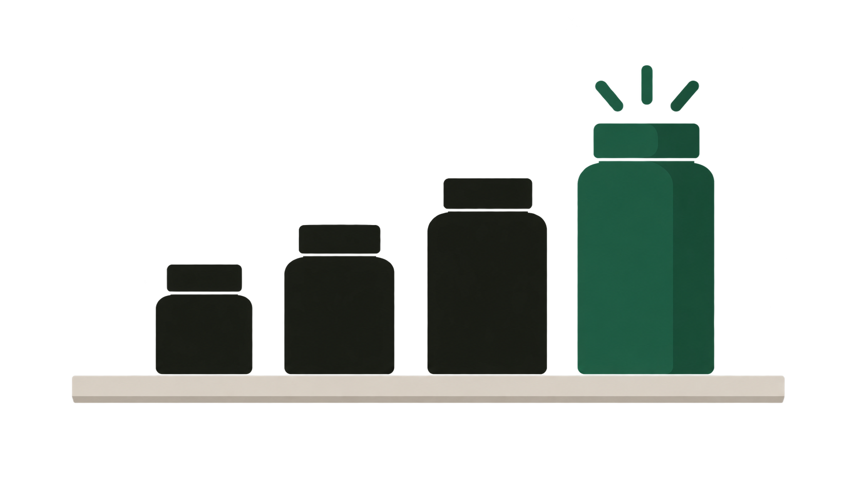 Four supplement jars in a row on a stone shelf, from smallest to largest